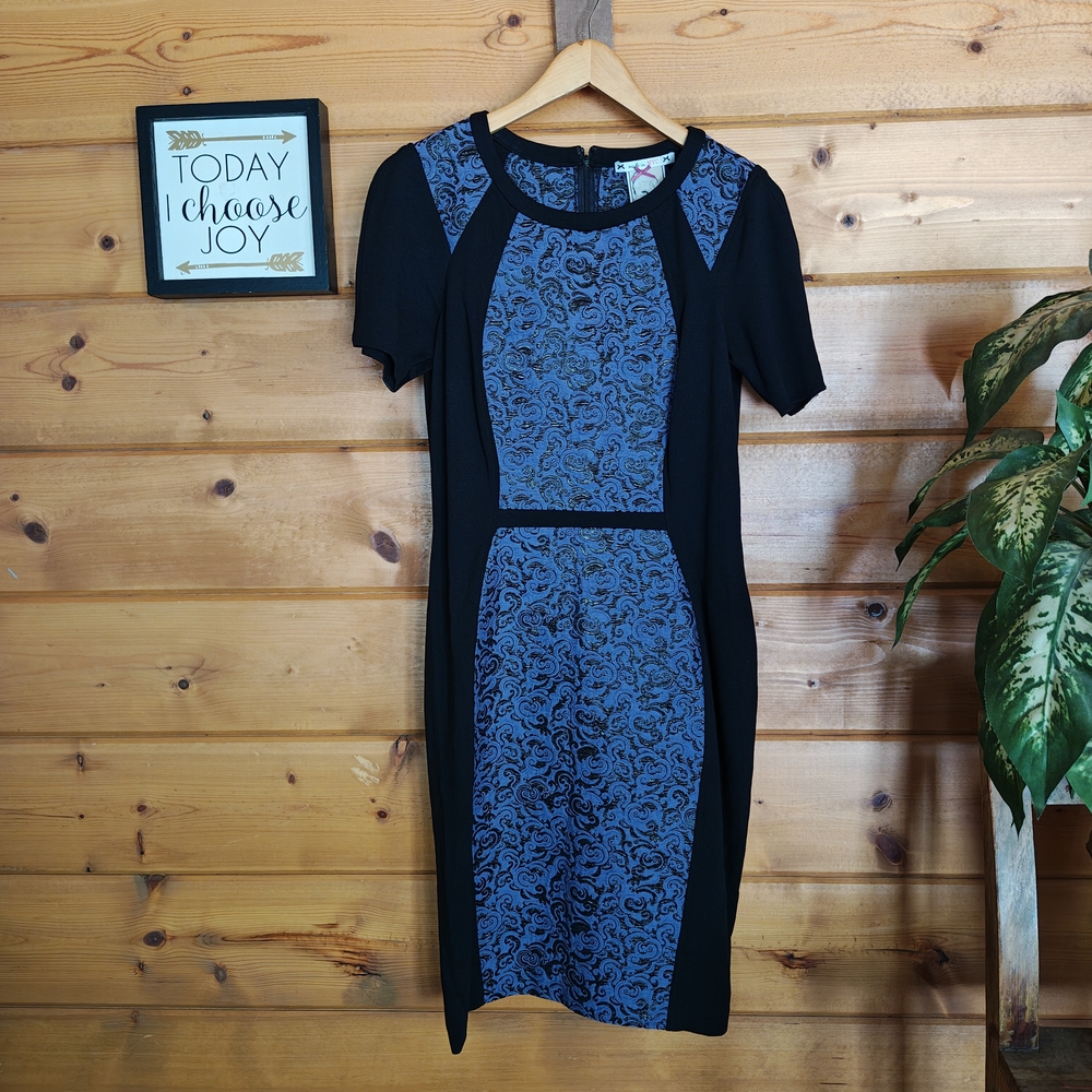 Yoana Baraschi Purple Rain Contrast Sheath Damask ColorBlock Black Stretch Sz 10